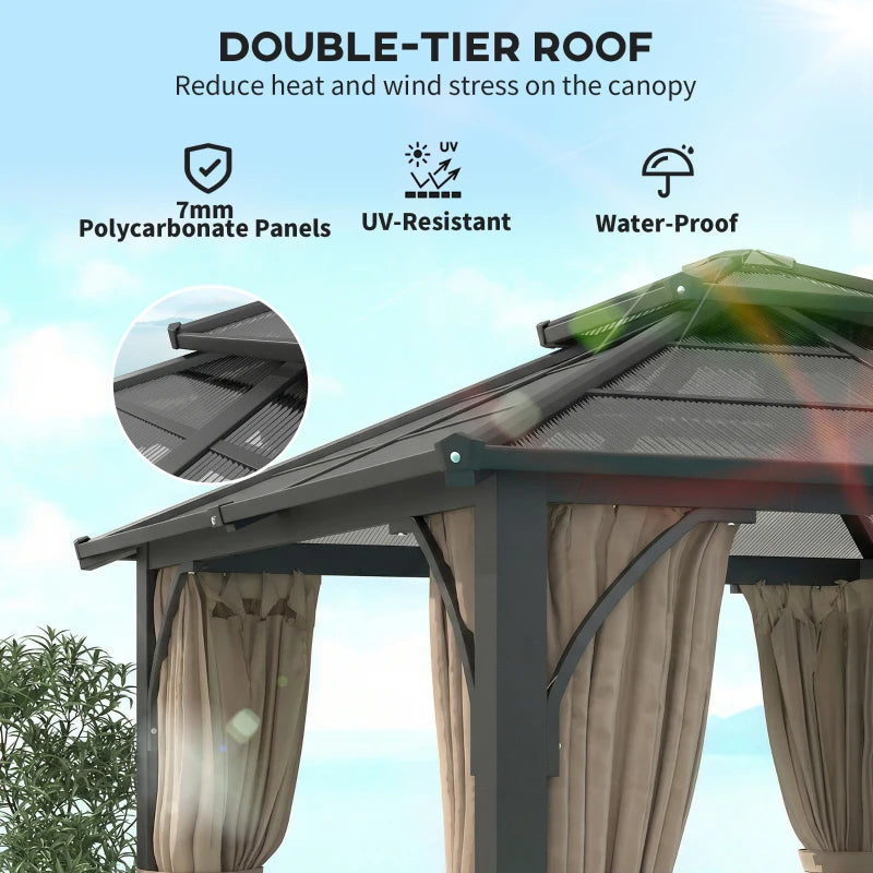 10' x 10' Hardtop Gazebo with 7mm Double Polycarbonate Roof, Outdoor Gazebo with Netting and Curtains, Khaki