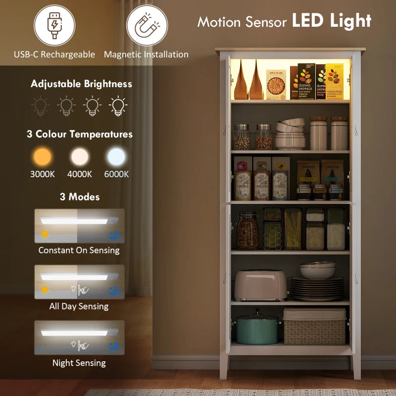 69.5" Tall Kitchen Pantry Storage Cabinet with Motion Sensor LED Light, Modern Kitchen Pantry Cabinet, White