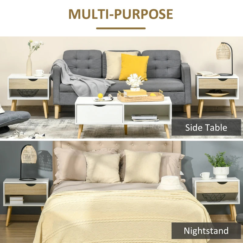 Set of 2 Bedside Table with Drawer and Shelf, Modern Nightstand with Wooden Legs, End Table for Bedroom, White