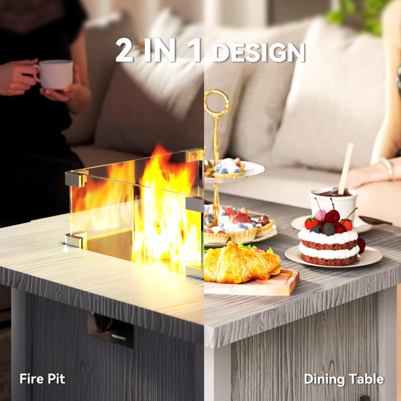 28" 50,000 BTU Gas Fire Pit Table with Cover and Glass Screen, Grey