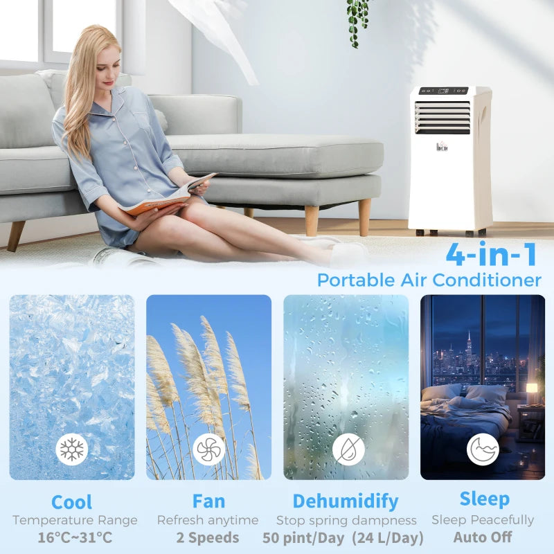 10,000BTU Mobile Portable Air Conditioner with Cooling, Dehumidifier, 2 Speed Fans, 24-Hour Timer for Bedroom, White