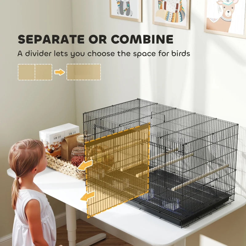18" H Bird Cage, Large Parakeet Cage for Budgie, Lovebird, Canary, Finches with Divider, Black
