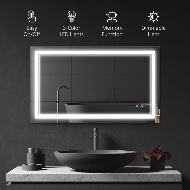 40" x 24" LED Bathroom Mirror, Dimmable Lighted Wall-Mounted Mirror, with 3 Colour, Smart Touch, Plug-in, Vertical or Horizontal Hanging