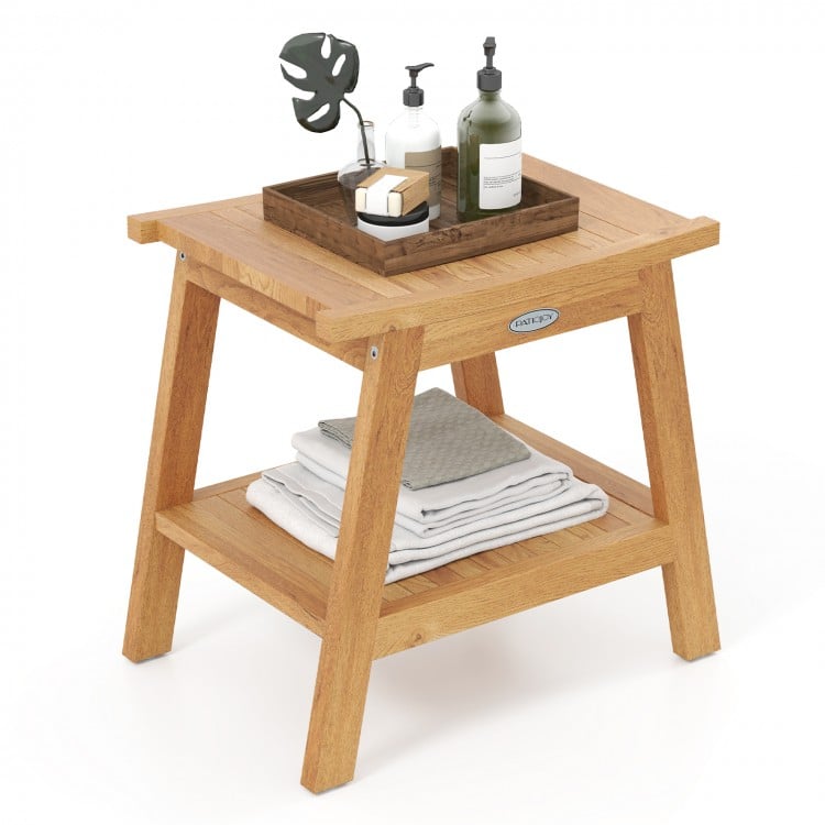 20 Inches Teak Wood Shower Bench with Storage Shelf and Adjustable Foot Pads