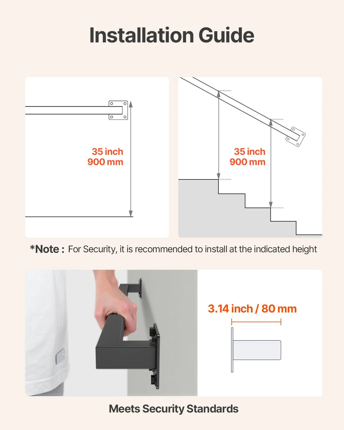 VEVOR 4ft Wall Mounted Stair Handrail Black Iron 250lbs Load Square Tube