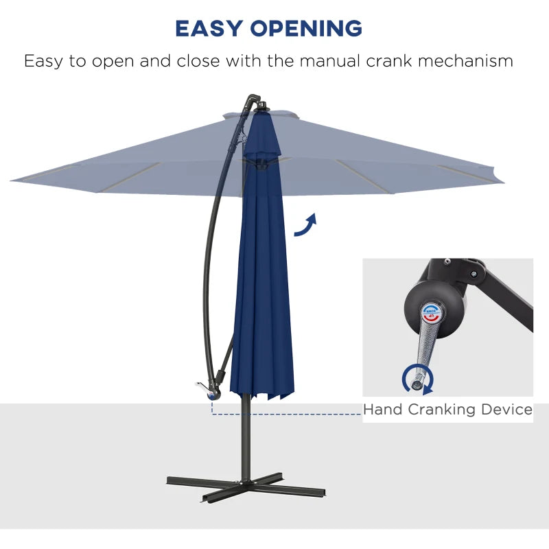 10' Deluxe Patio Umbrella, Outdoor Market Parasol, Banana Hanging Offset Sunshade with Crank, Cross Base, Navy Blue