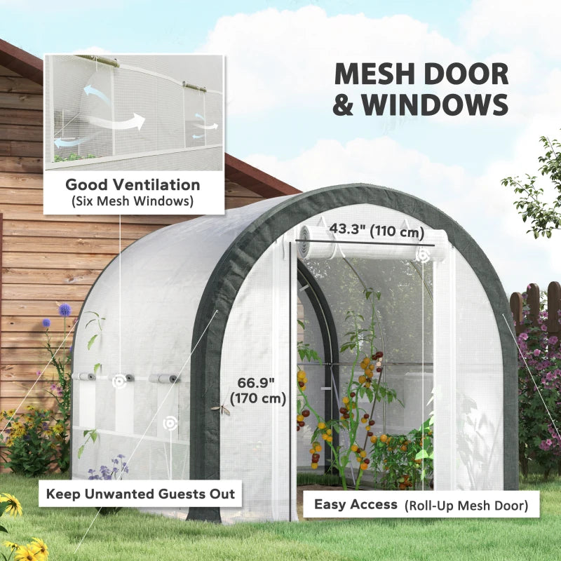 10'x6.6'x6.6' Upgraded Tunnel Greenhouse Green House with Mesh Door and Windows, 6 Plant Labels and Gloves, White