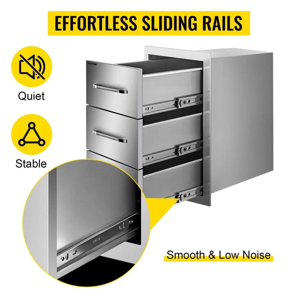 VEVOR Outdoor Kitchen Drawers 16\" W x 28.5\" H x 20.5\" D, Flush Mount Triple Access BBQ Drawers Stainless Steel with Handle, BBQ Island Drawers for Outdoor Kitchens or Patio Grill Station