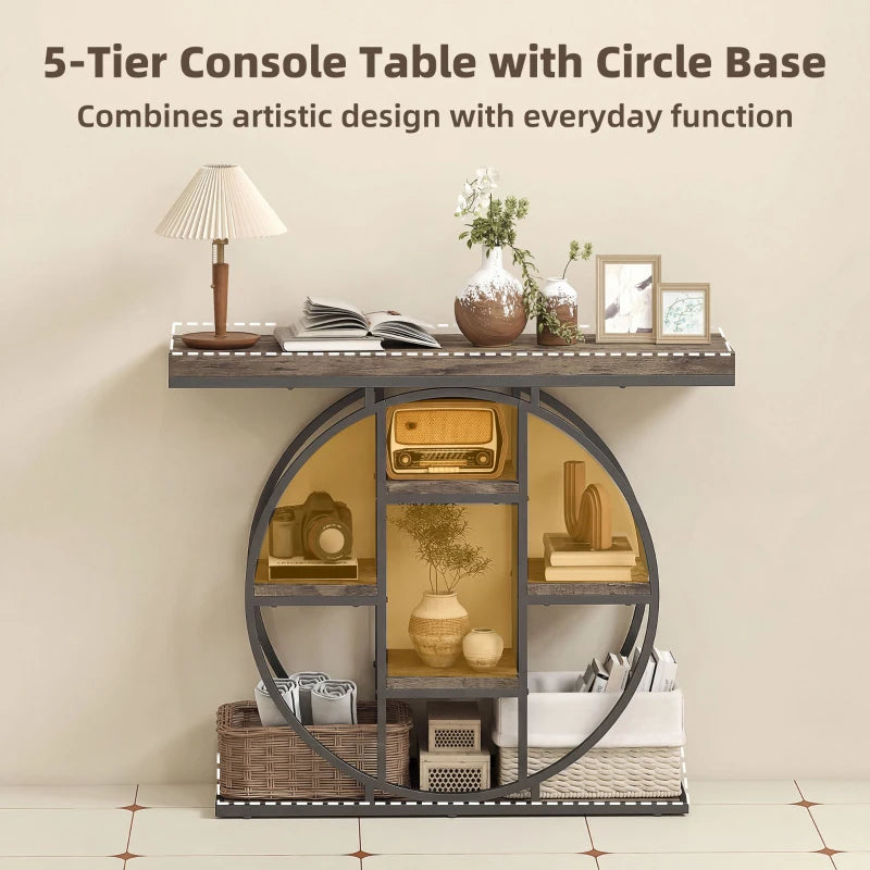 39.4" Console Table with Storage Shelves, Industrial Sofa Table for Living Room, Hallway, Rustic Brown