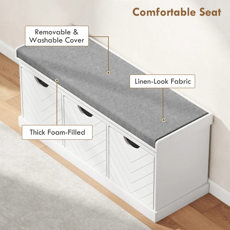 Shoe Storage Bench, Linen-Look Entryway Bench with 3 Removable Drawers and Padded Seat Cushion for Hallway, White