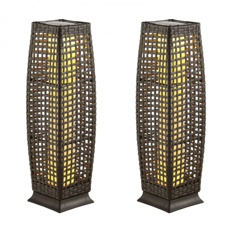 2 Pieces Solar-Powered Square Wicker Floor Lamps with Auto LED Light-Brown