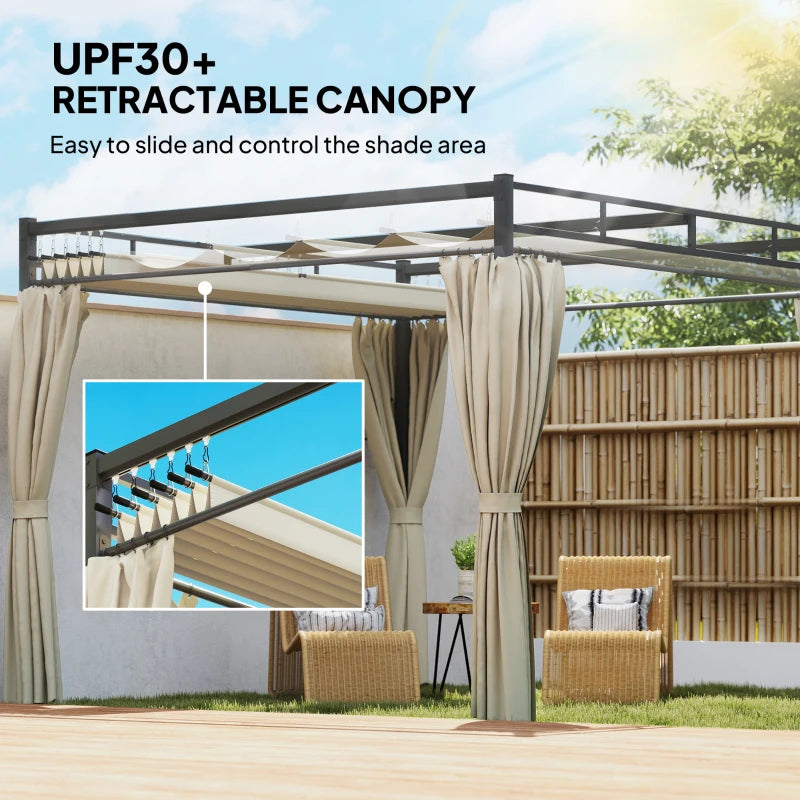 10' x 10' Outdoor Gazebo, Retractable Pergola Canopy with Curtains, UPF30+ Free Standing Metal Pergola Kit, Beige