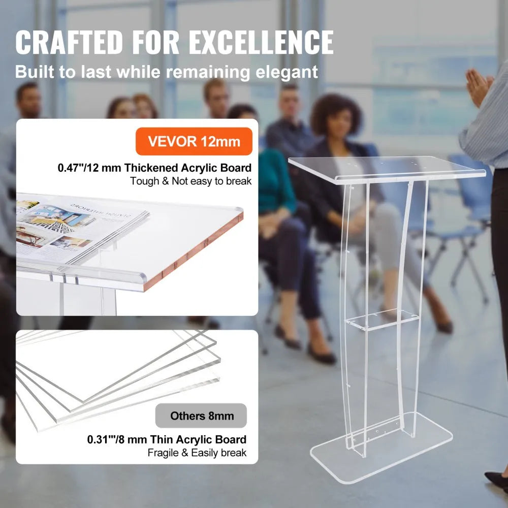 VEVOR Acrylic Podium, 47" Tall, Clear Acrylic Podium Stand with Wide Reading Surface & Storage Shelf, Floor-standing Clear Pulpits Acrylic for Church Office School