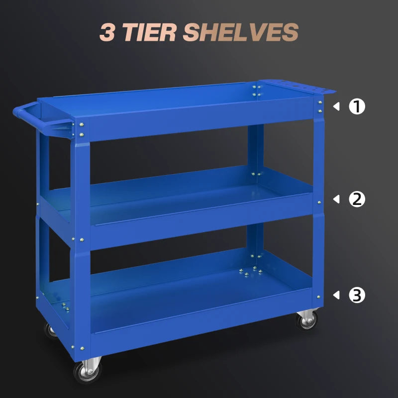 3 Tier Rolling Tool Cart with Wheels, 330 LBS Capacity Heavy Duty Utility Cart, Mobile Service Cart for Garage, Blue