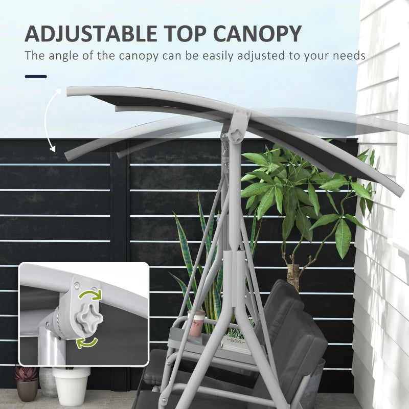 2-Seater Outdoor Porch Swing with Adjustable Canopy and Table, Patio Swing Chair for Garden, Poolside, Backyard, Grey