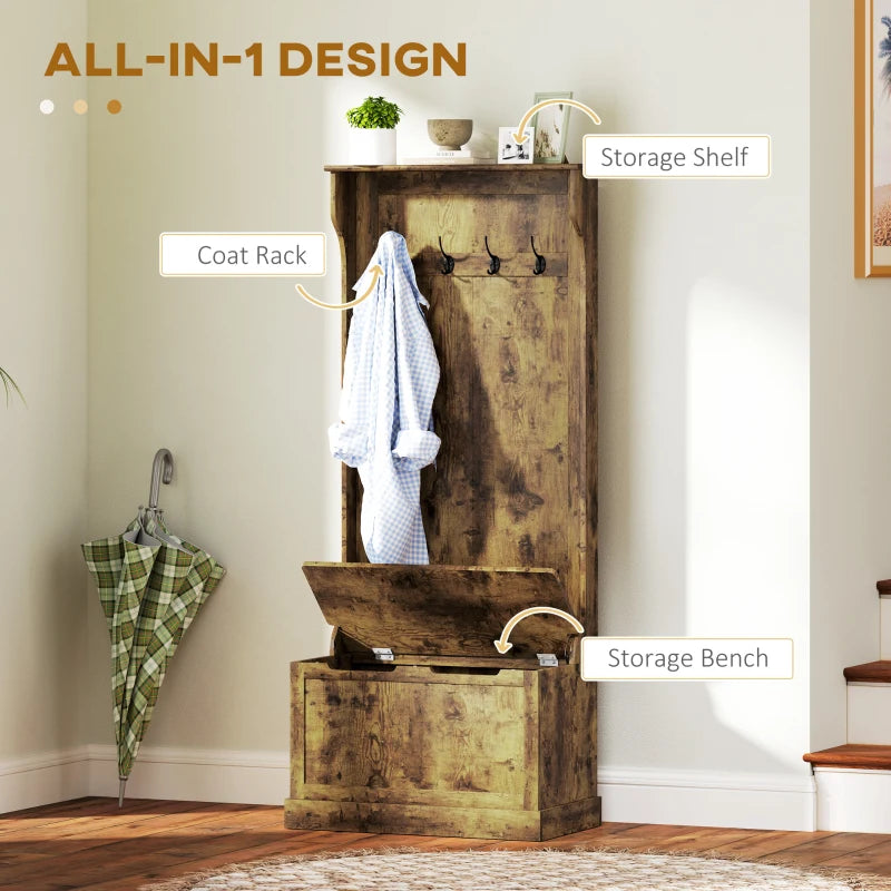 4-In-1 Hall Tree with Coat Rack, Top Shelf, Shoe Storage and Bench Seat, Entryway Bench with 4 Hooks, Rustic Brown