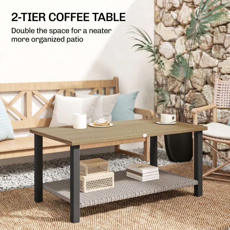 2-Tier Rectangle Outdoor Coffee Table, Patio Table with Wood-Effect Metal Top, Wicker Shelf for Garden, Backyard, Brown