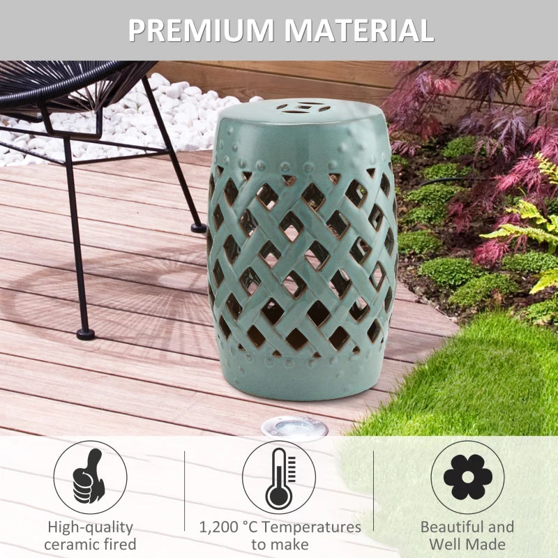 18" Ceramic Garden Stool with Woven Lattice Design, Indoor & Outdoor Decorative Accent Stool, Blue
