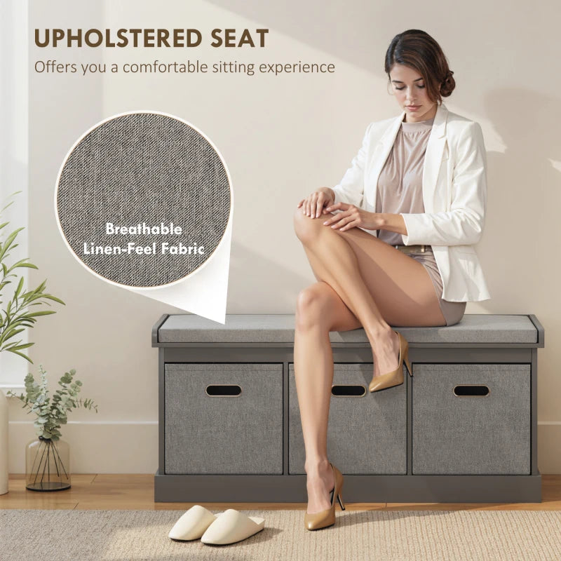 Shoe Storage Bench with Seat, Entryway Bench Seat with Cushion, 3 Fabric Drawers for Hallway, Dark Grey