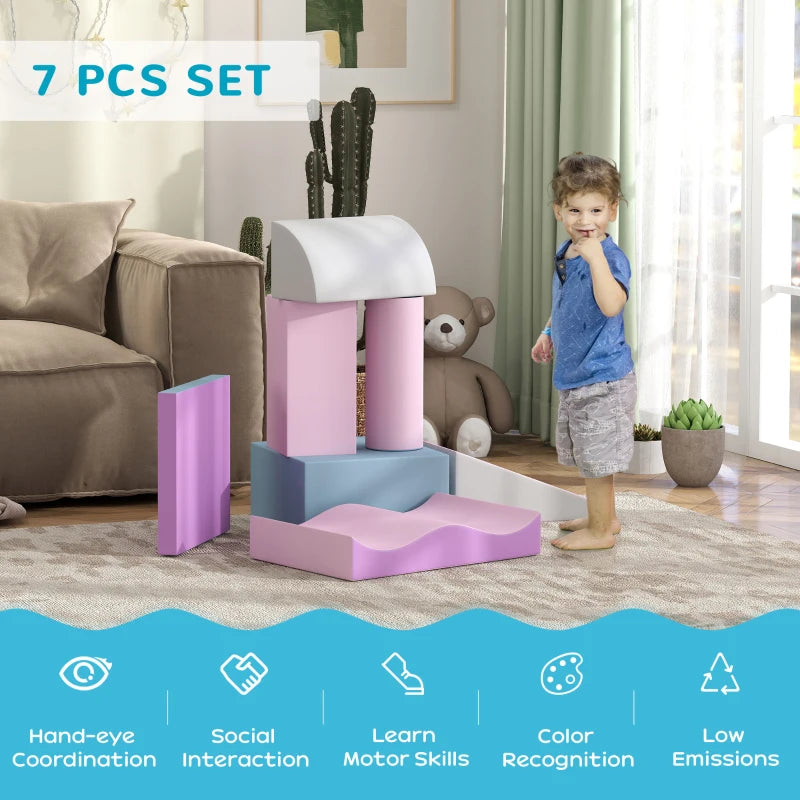 Soozier 7 Pieces Soft Play Foam Climbing Blocks, Indoor Modular Kids Play Toys for Climbing, Crawling, Sliding, Light Colour