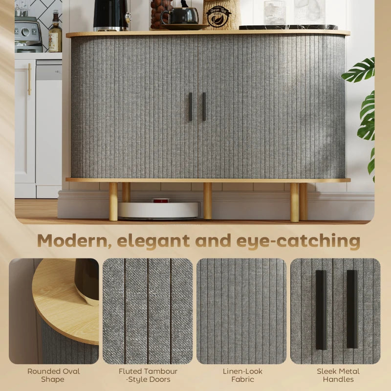 47" Buffet Cabinet with Tambour Sliding Doors, Fluted Sideboard with Storage Shelves and Wooden Legs, Grey