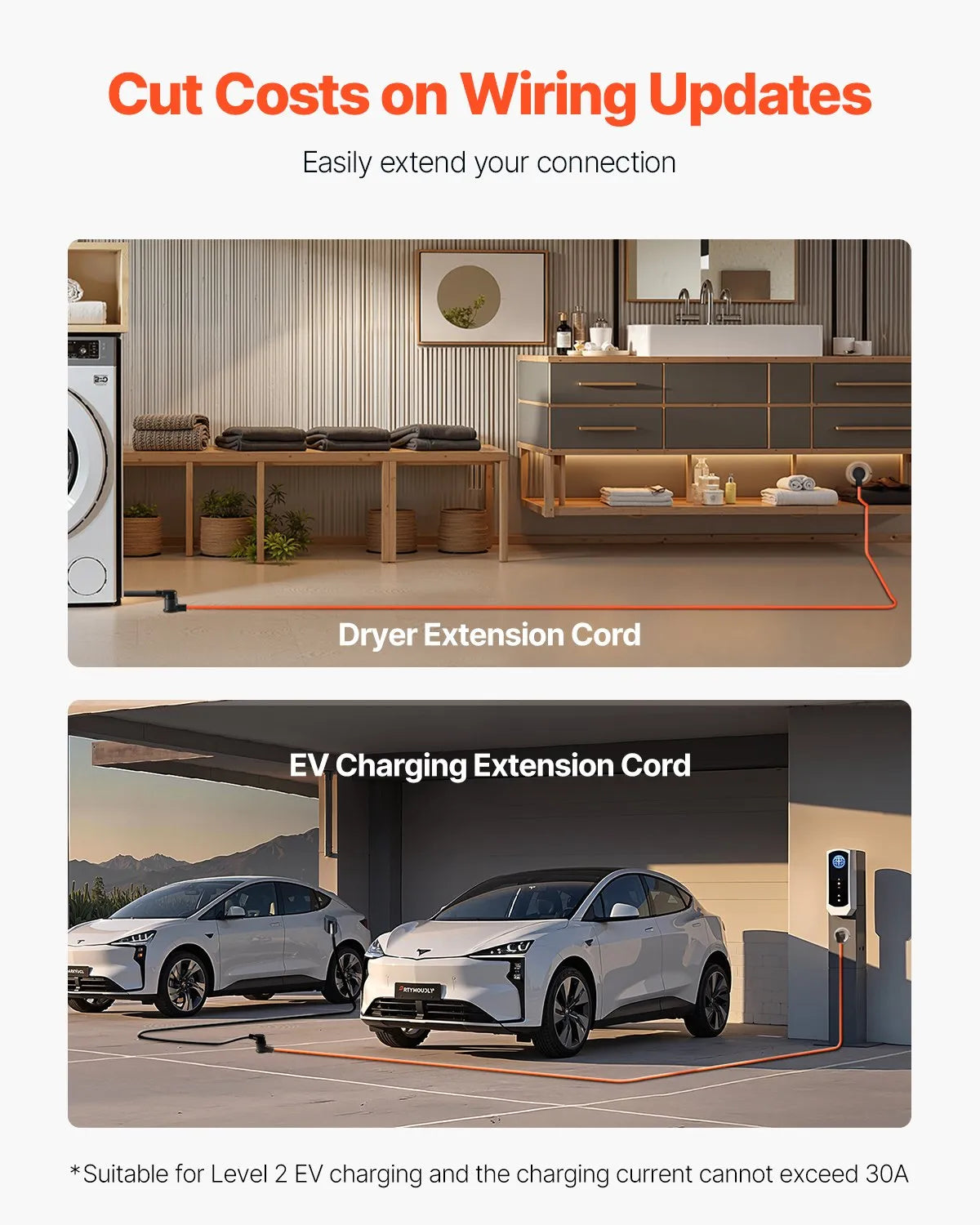 VEVOR 50 ft Dryer Extension Cord 3-Prong NEMA 10-30P to 10-30R Dryer Cord 30A