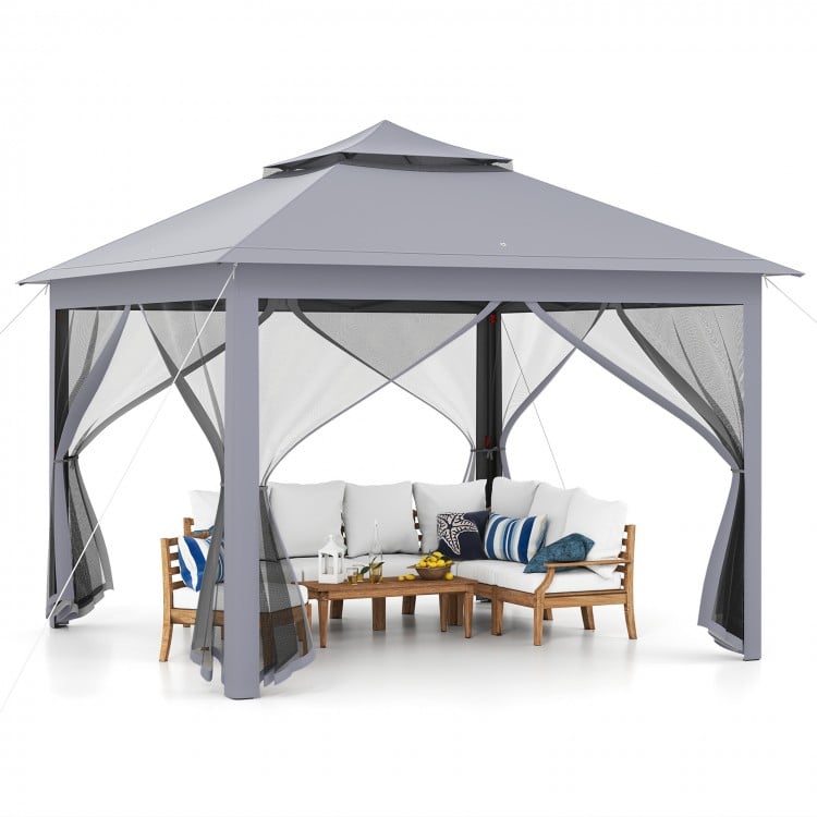 11 x 11 Feet 2-Tier Pop-Up Gazebo Tent Portable Canopy Shelter Carry Bag Mesh-Gray