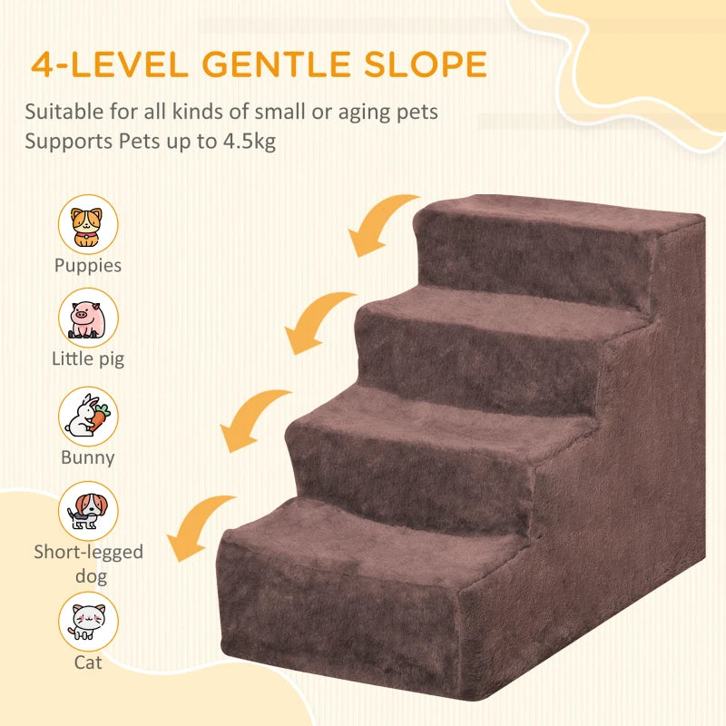 4-Step Dog Ramp for Sofa, Bed, and Couch, with Removable Cover, Brown