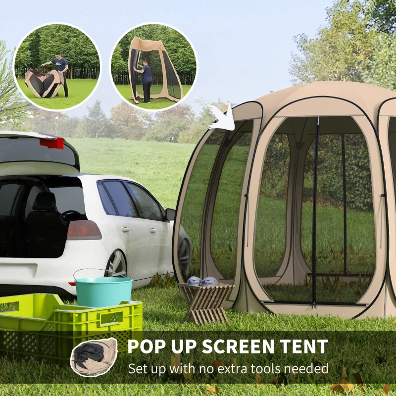 11' x 11.5' Screen Tent, Pop Up Camping Gazebo with Portable Carry Bag and 2 Doors, Beige