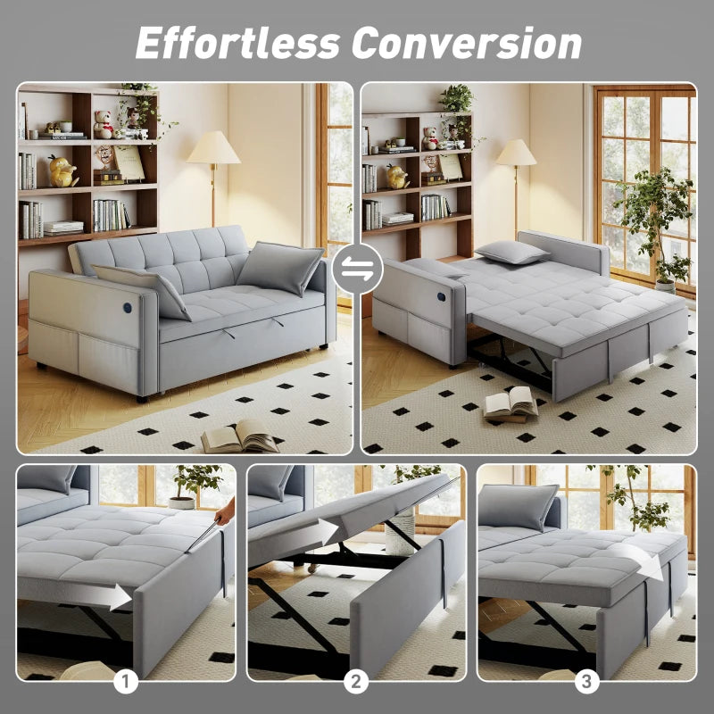3‑in‑1 Convertible Sofa Bed, Pull Out Sleeper Sofa with USB Charging, Adjustable Backrest, Side Pockets, Light Grey