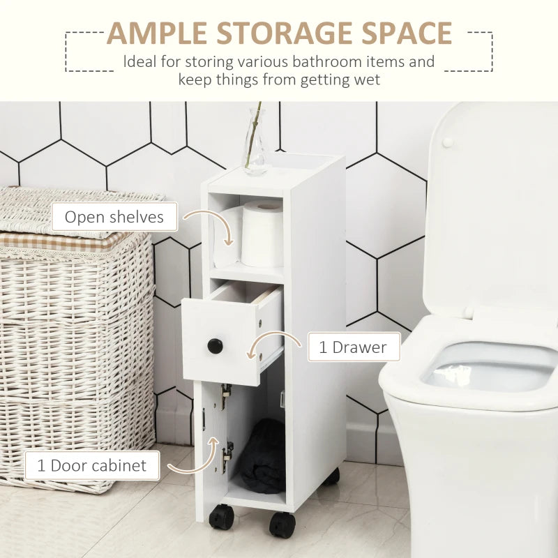 Slim Bathroom Cabinet with Wheels, Narrow Bathroom Storage Cabinet with Door, Drawer and 2 Open Compartments, White