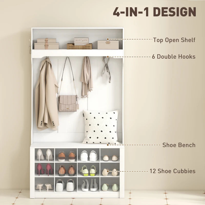 4-In-1 Hall Tree with Bench and Shoe Storage, Farmhouse Coat Rack Shoe Bench with 12 Shoe Cubbies, 6 Hooks, White