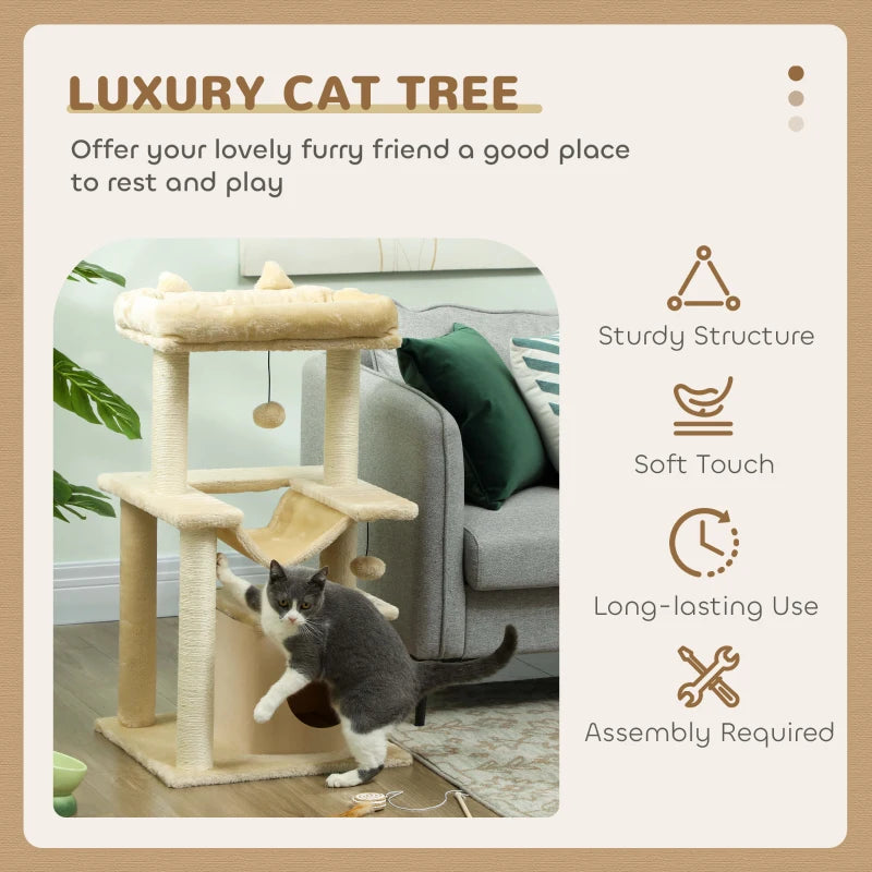 39.25'' Cat Tree Tower Multi-Level Kitten House with Scratching Post Condo Hammock Bed Ball Toy - Beige