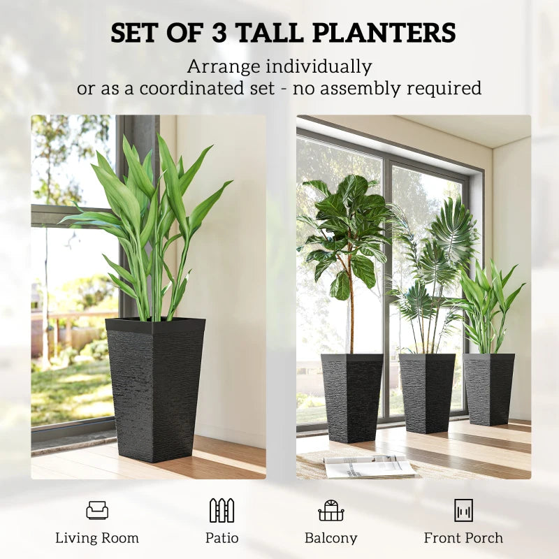 22.8" Tall Planters Set of 3, Indoor Outdoor Taper Planters with Stone Finish, Wheels and Drainage Hole, Black