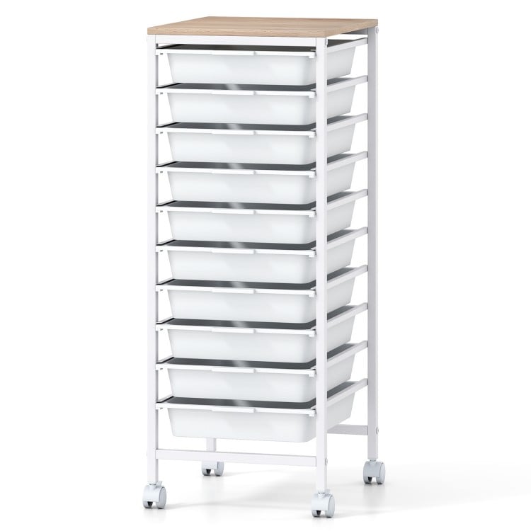 10-Drawer Rolling Storage Cart Mobile Utility Organizer with Wooden Tabletop and Lockable Wheels-White