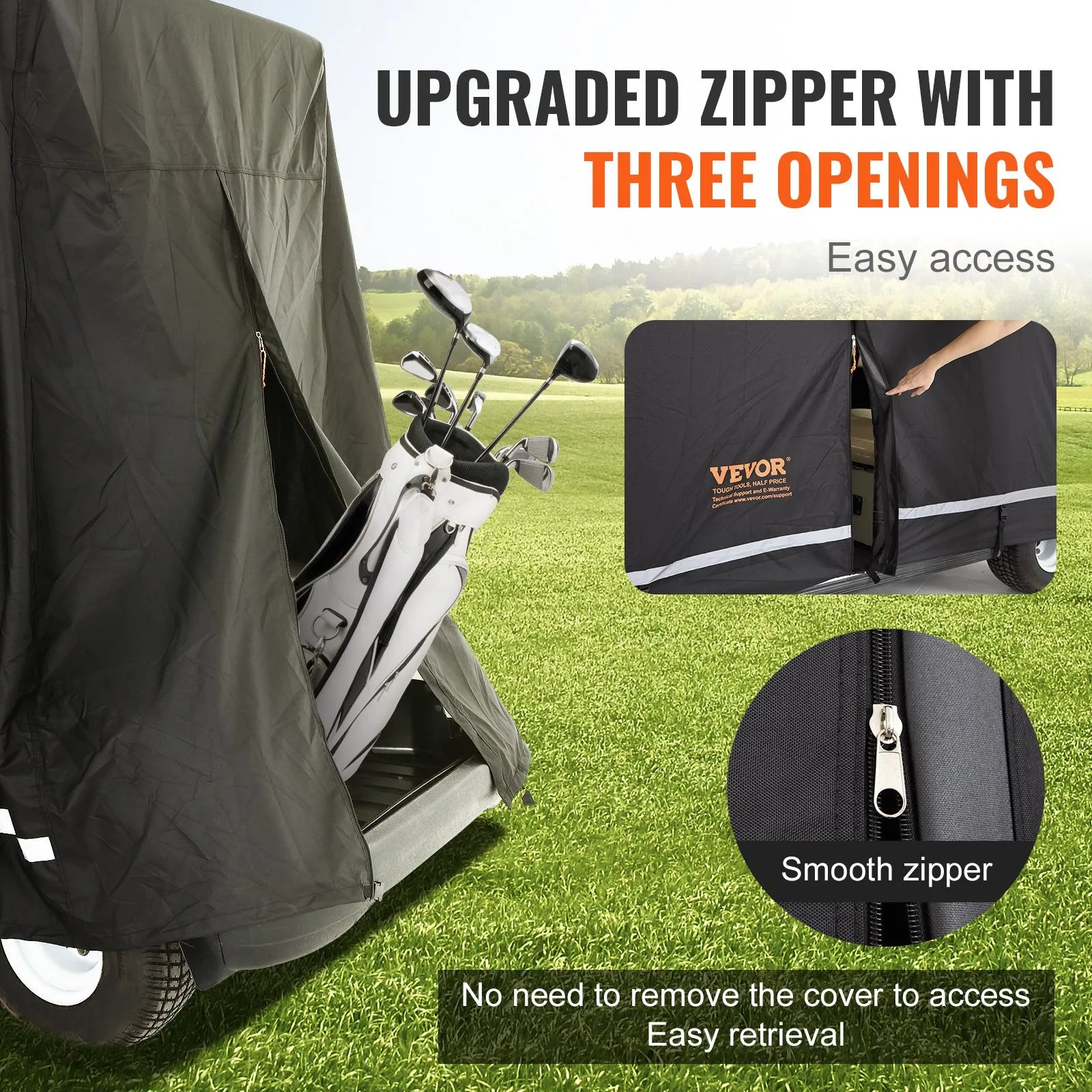 VEVOR 4 Passenger Golf Cart Cover, 600D Polyester Full Cover, Universal Fits for Most Brand Club Car Covers, Waterproof, Sunproof, and Dustproof Outdoor Golf Cart Cover with Three Zipper Doors, Black