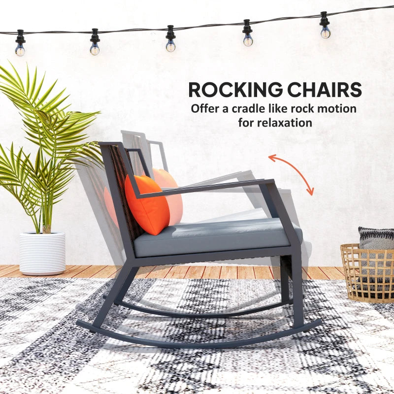 3 Pieces Rocking Bistro Set, Wicker Patio Furniture Set with Cushions and Glass Table for Porch, Balcony, Grey