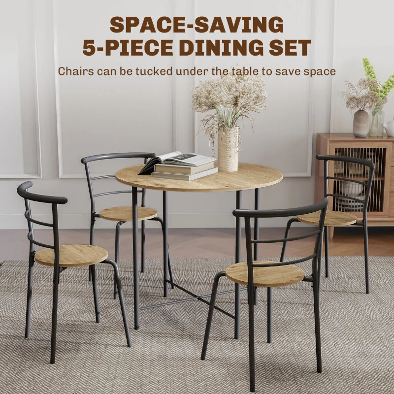 5 Piece Dining Table Set, Space Saving Round Dining Set for 4 with Metal Frame for Small Spaces, Natural