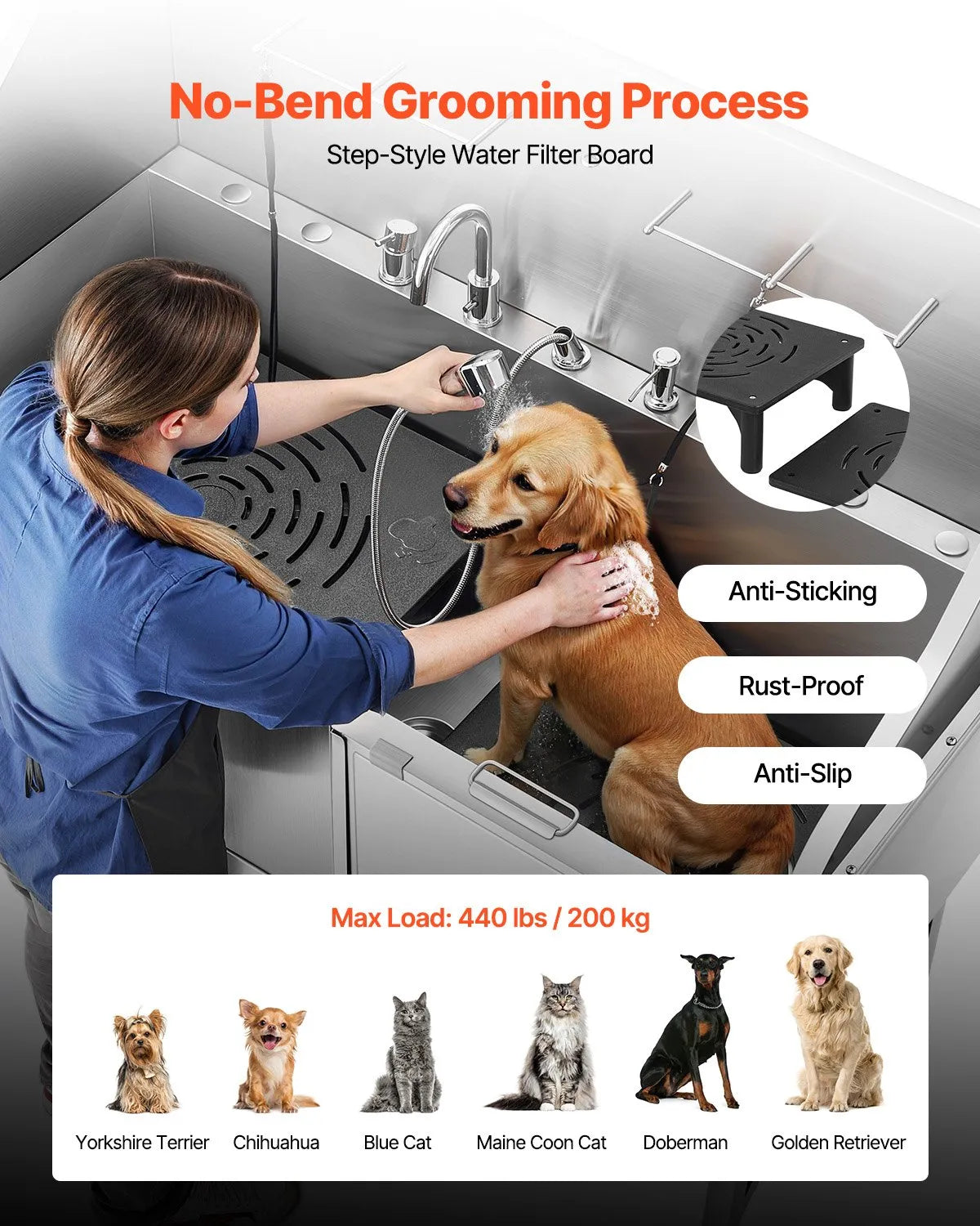 VEVOR 61 Inch Dog Grooming Bath Tub Stainless Steel w Ramp Water Filter