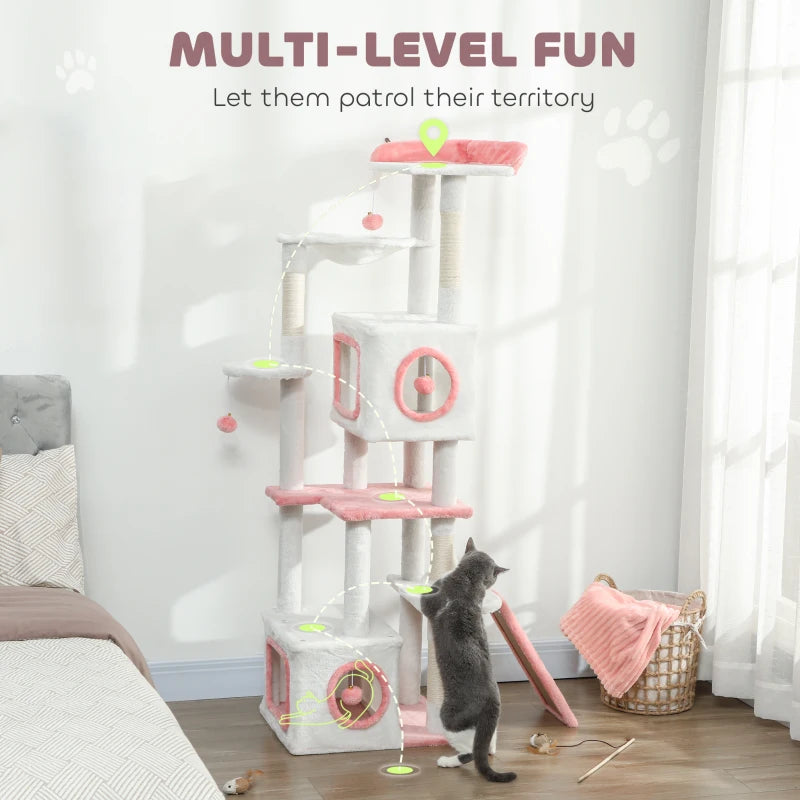 65 Inch Cat Tree with 2 Doors Condos, Plush Top Perch, Hammock, Sisal Scratching Posts, 4 Pompoms, Ramp, White