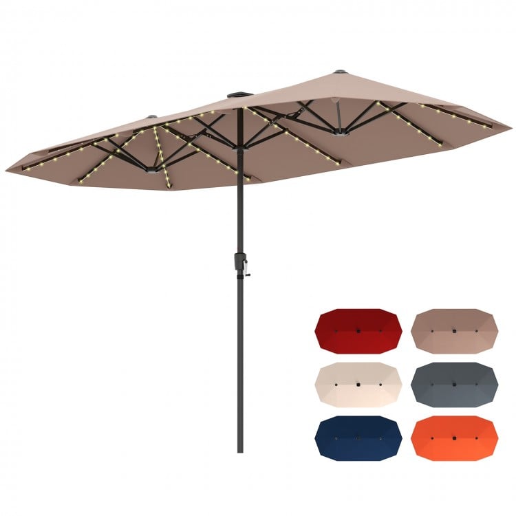 13 FT Large Patio Umbrella with LED Solar Lights and Crank Handle-Coffee