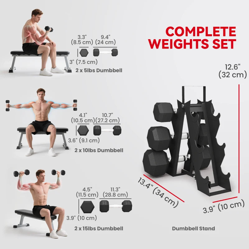 Soozier 60 LBS Hex Dumbbell Set with Rack, Rubber Coated Weights with Non-Slip Handles for Home Gym Strength Training