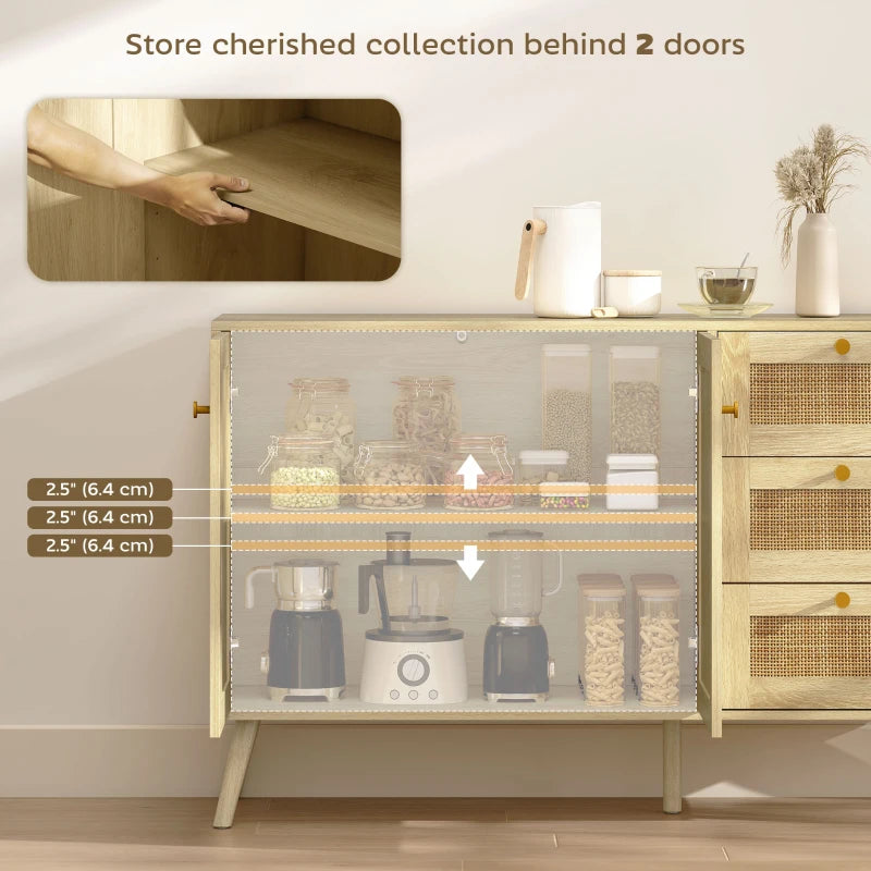 47" Buffet Cabinet with Soft-Close Doors, Rattan Sideboard with Drawers, Adjustable Shelf and Wooden Legs, Natural