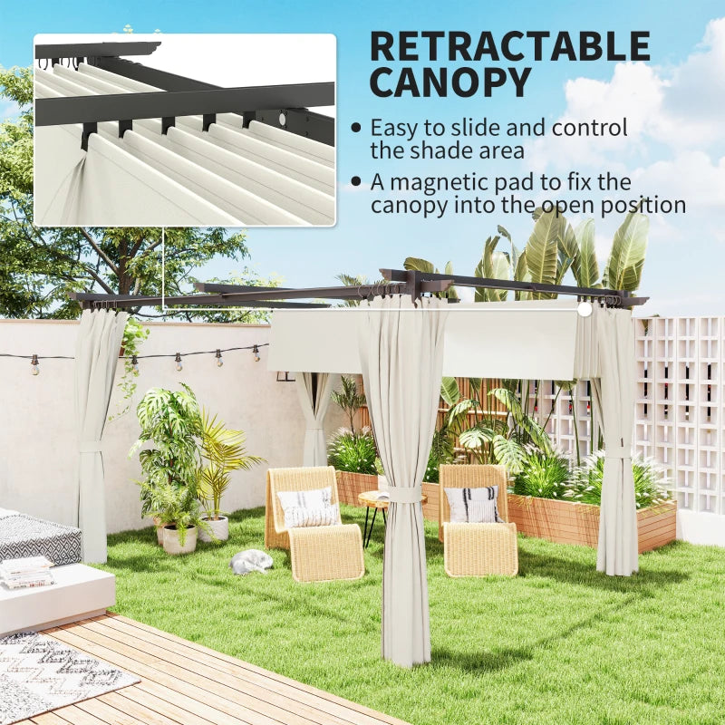 10' x 13' Pergola with Retractable Canopy and Curtains, UPF30+ Sun Shade Shelter for Grill, Garden, Backyard, Deck