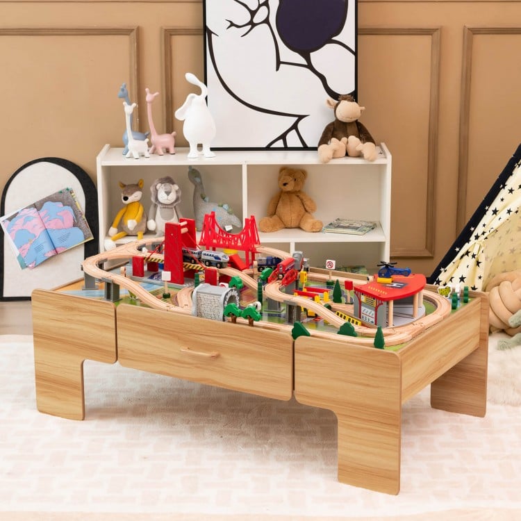 100-Piece Double-Sided Wooden Train Set Table with Storage Drawer for Kids Age 3 +