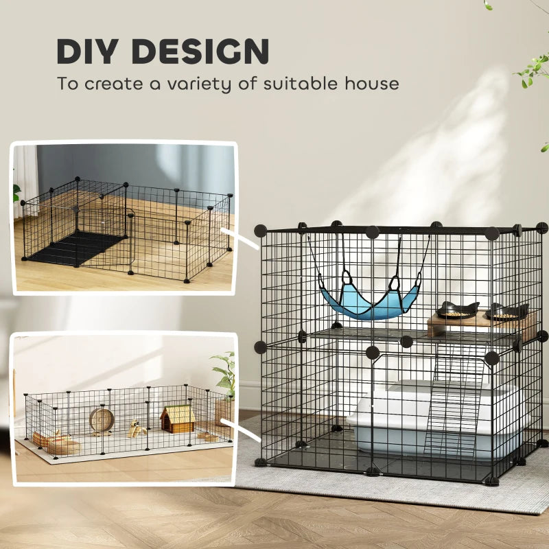 2 Tier Cat Cage Crate, DIY Pet Playpen with 2 Doors, Ladder, Hammock, Perch, Indoor Playpen for Kittens, Black