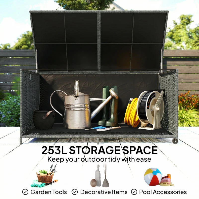162 Gallon Rattan Deck Box with Wheels, Wicker Outdoor Storage Box with Waterproof Zippered Liner, Safe Pneumatic Rod