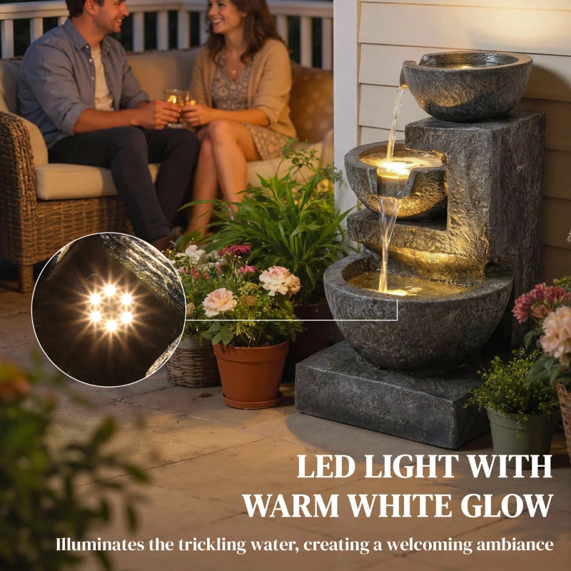 3-Tier Outdoor Water Fountain, Garden Waterfall Fountain with LED Lights and Pump, Indoor Freestanding Resin Waterfall