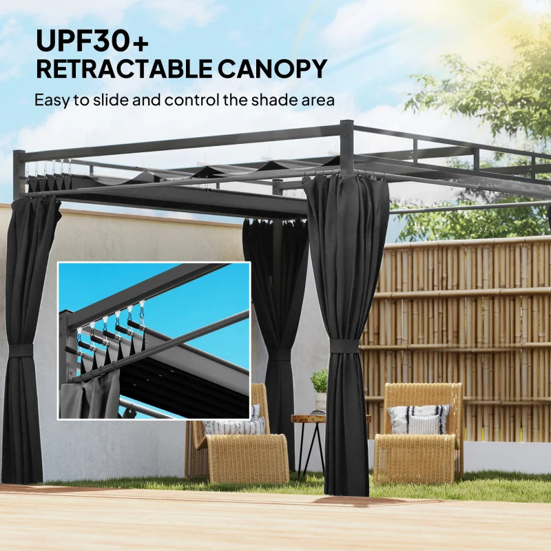 10' x 10' Outdoor Gazebo, Retractable Pergola Canopy with Curtains, UPF30+ Free Standing Metal Pergola Kit, Dark Grey