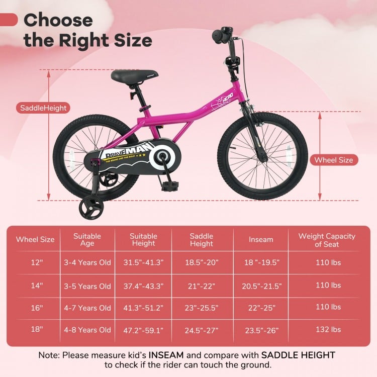18-Inch Kids Bike with Removable Training Wheels Pink-Brave Hero